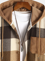 Relax Fit Flannel Plaid Corduroy Patchwork Hooded Shirt - Maison Sydney