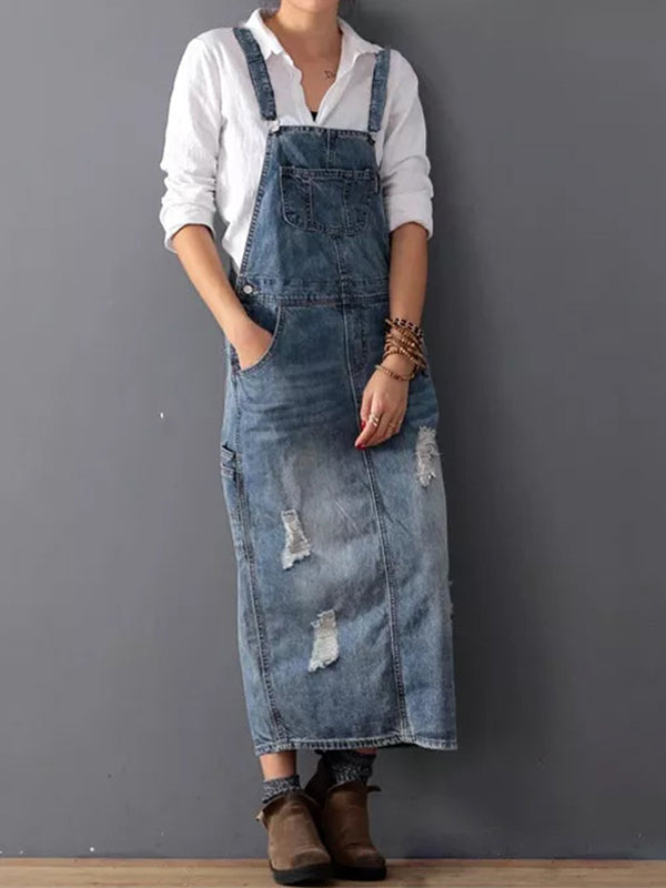 Back Slit Distressed Denim Overalls Dress - Threadford