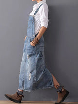 Back Slit Distressed Denim Overalls Dress - Threadford