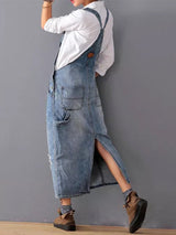 Back Slit Distressed Denim Overalls Dress - Threadford