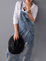 Back Slit Distressed Denim Overalls Dress - Threadford