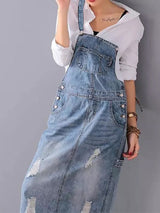 Back Slit Distressed Denim Overalls Dress - Threadford