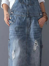 Back Slit Distressed Denim Overalls Dress - Threadford
