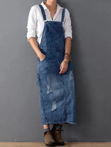 Back Slit Distressed Denim Overalls Dress - Threadford