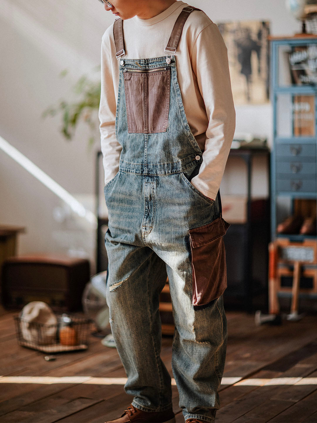 Contrast Denim Overalls - Threadford