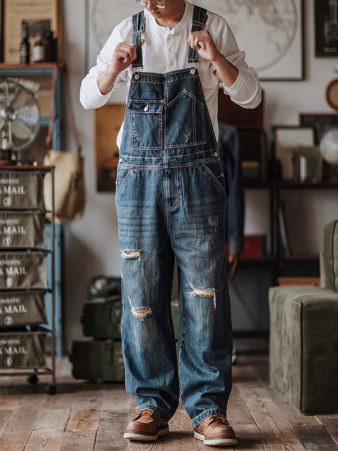 Artisan Distressed Denim Bib Overalls - Threadford