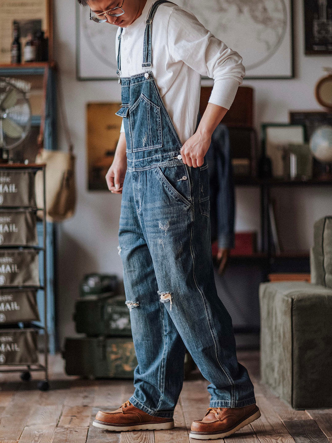 Artisan Distressed Denim Bib Overalls - Threadford
