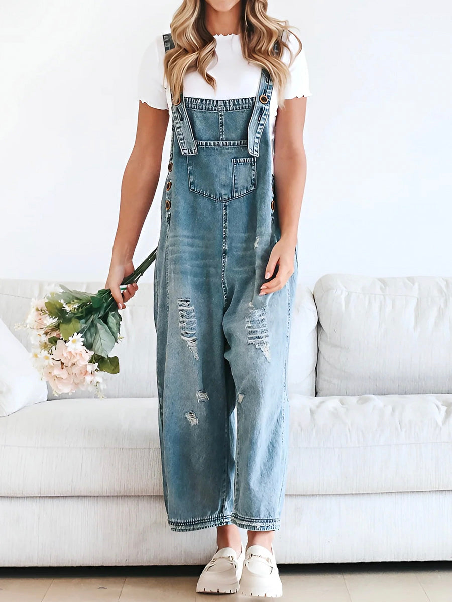 Loose Fit Distressed Denim Overalls - Threadford
