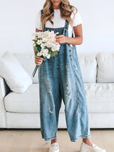 Loose Fit Distressed Denim Overalls - Threadford