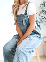 Loose Fit Distressed Denim Overalls - Threadford