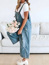 Loose Fit Distressed Denim Overalls - Threadford