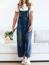 Loose Fit Distressed Denim Overalls - Threadford
