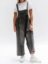 Loose Fit Distressed Denim Overalls - Threadford