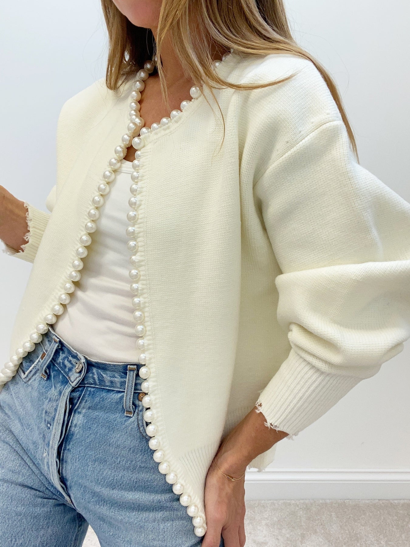 Pearl Trim Ripped Hem Cardigan - Maison Sydney