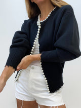 Pearl Trim Ripped Hem Cardigan - Maison Sydney