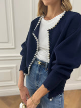 Pearl Trim Ripped Hem Cardigan - Maison Sydney