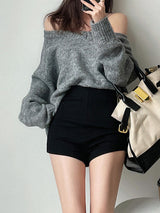 Solid High Waist Zip Shorts - Maison Sydney
