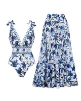 V Neck Lace Up Printed One Piece Swimsuit and Skirt - Maison Sydney