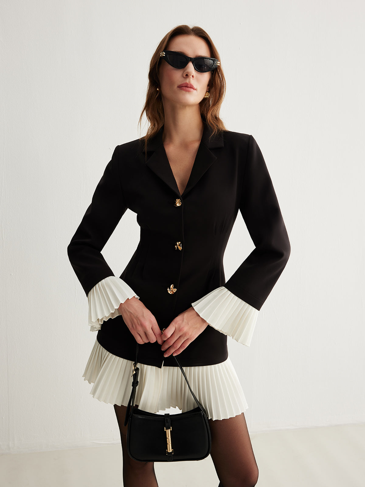 V-Neck Two-Tone Pleated Button Dress - Maison Sydney