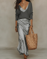 Eliza | Women's V-Neck Cardigan & Satin Midi Dress Set