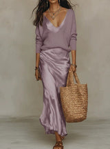 Eliza | Women's V-Neck Cardigan & Satin Midi Dress Set