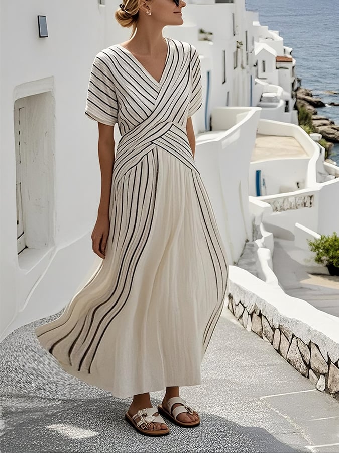 Women Loose Striped Print Dress - Threadford