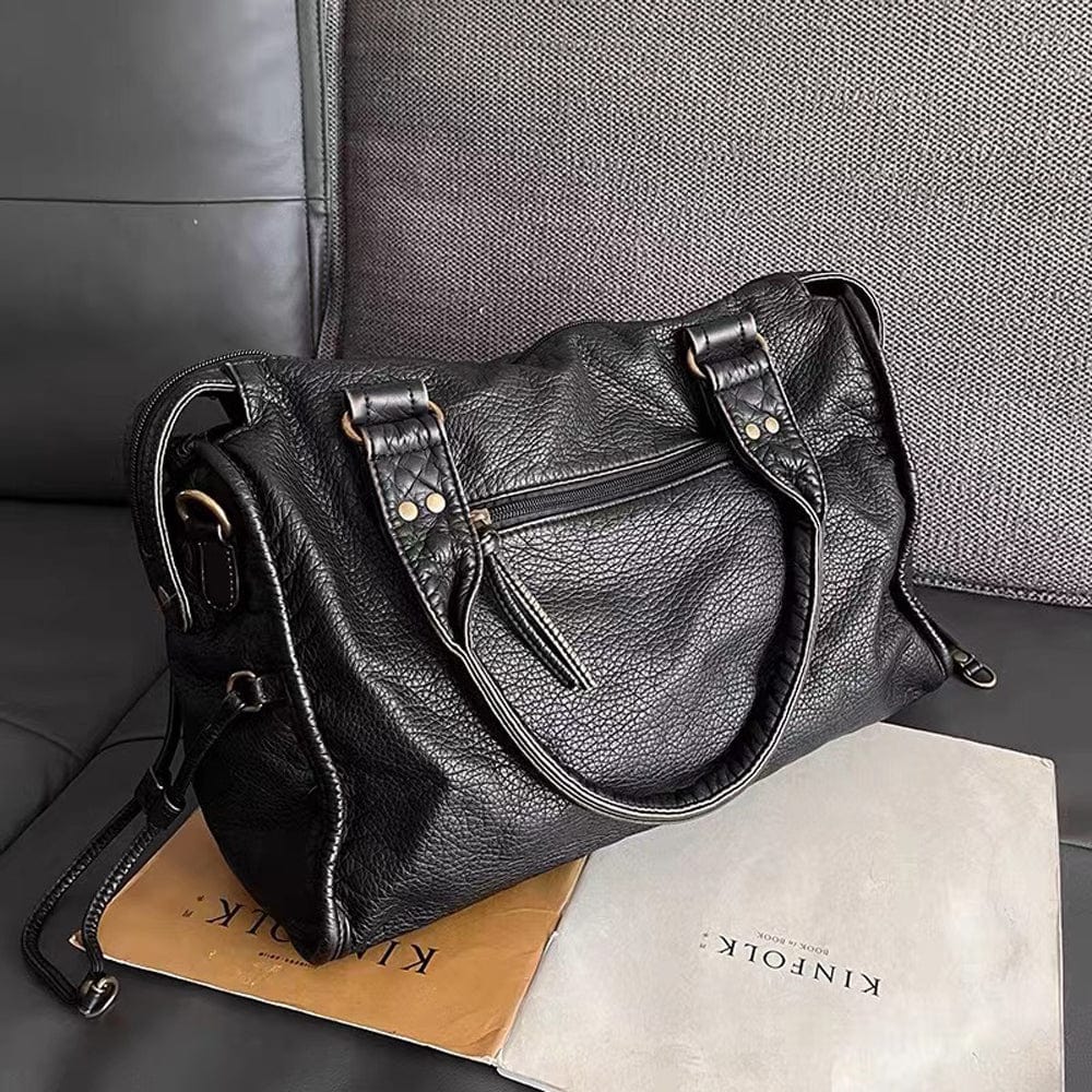 Stylish Vintage Black Leather Handbag - Threadford