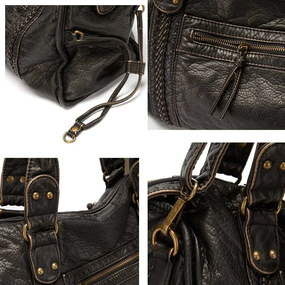 Stylish Vintage Black Leather Handbag - Threadford