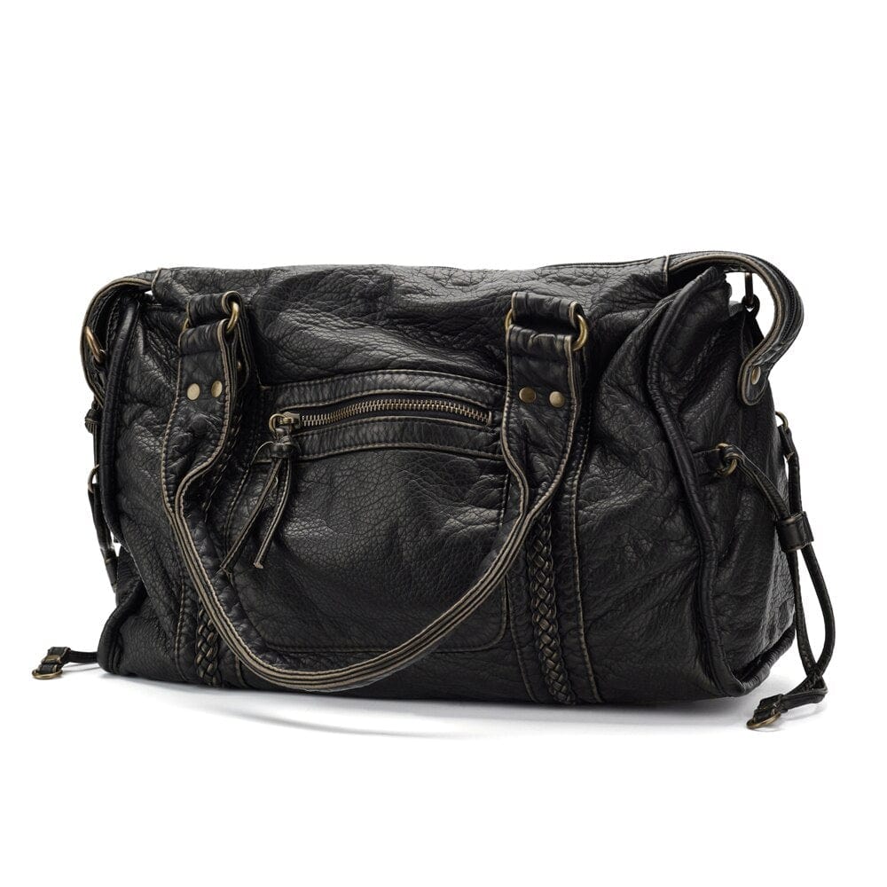 Stylish Vintage Black Leather Handbag - Threadford