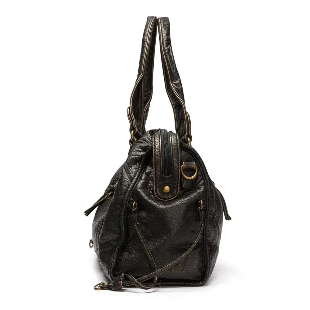 Stylish Vintage Black Leather Handbag - Threadford