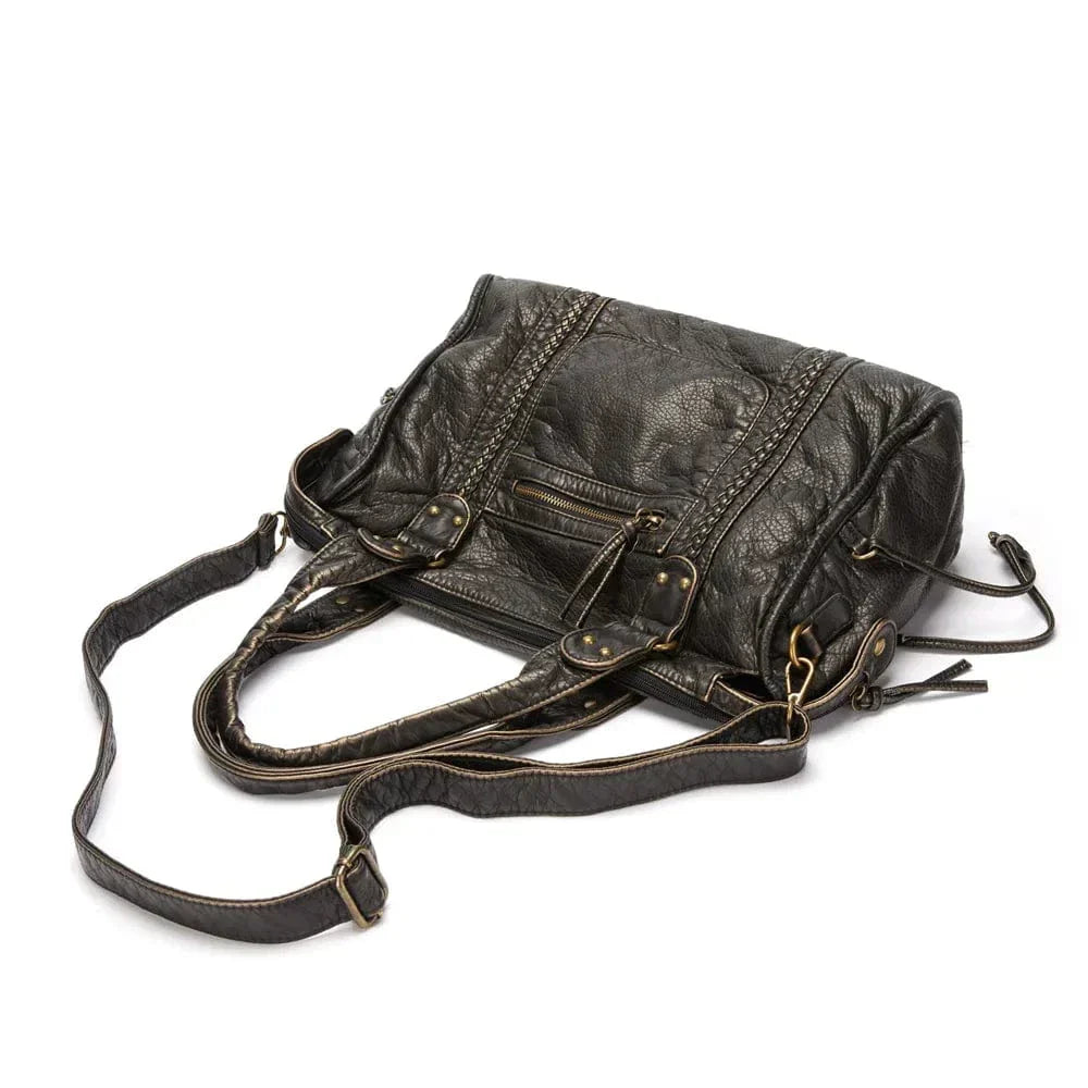 Stylish Vintage Black Leather Handbag - Threadford