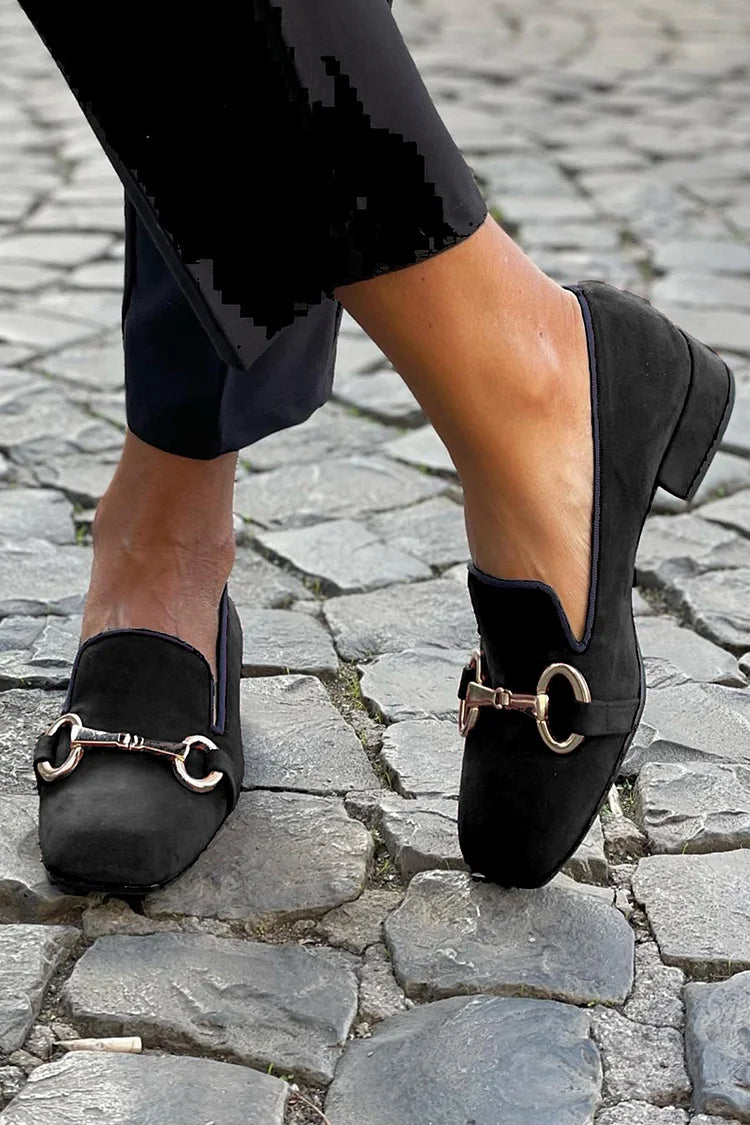 Black loafers with low heel and metallic buckle in faux suede - Threadford