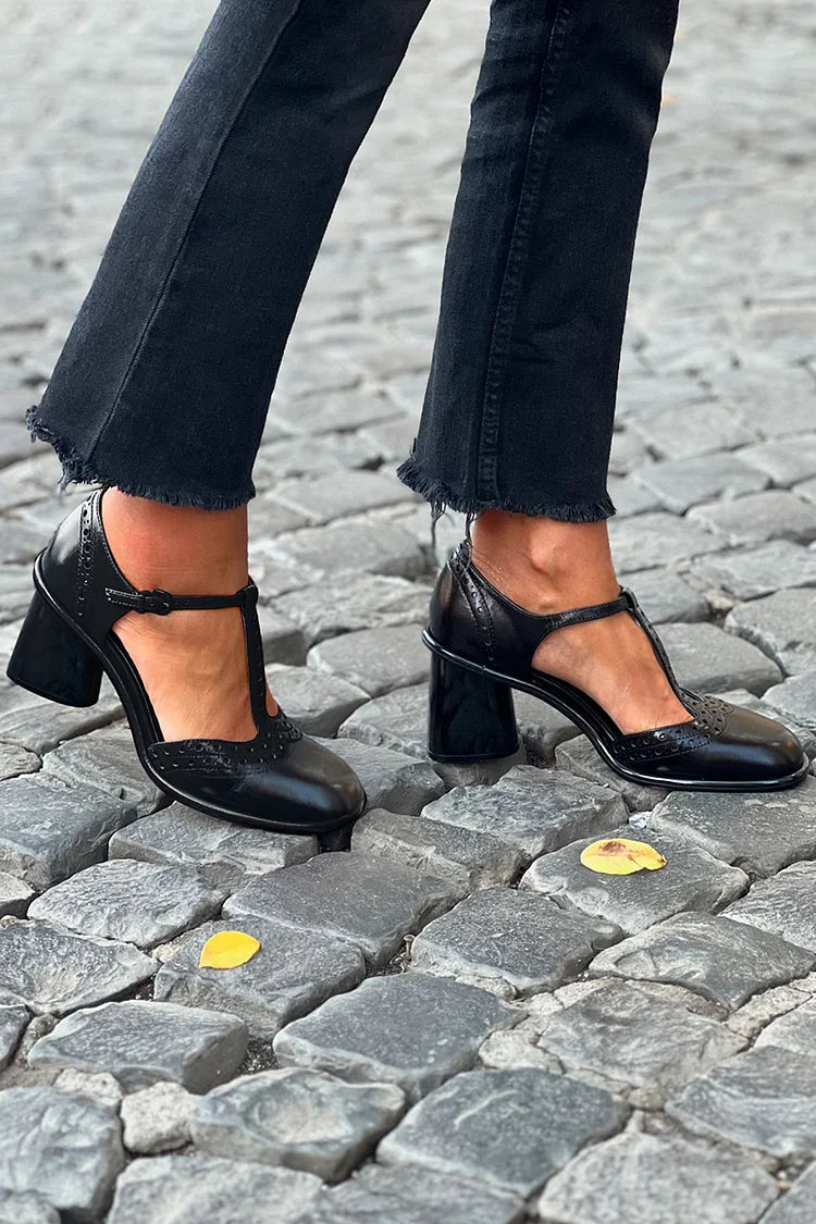 Black solid high heel with T-strap and buckle, round toe - Threadford