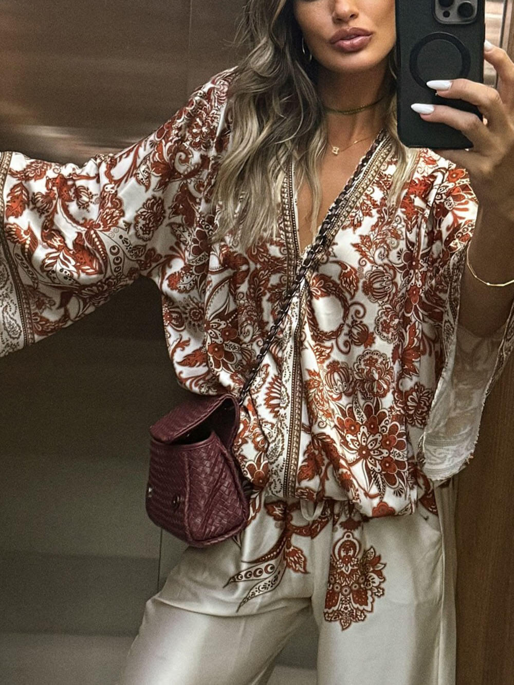 Exquisite Modern Feel Satin Unique Print Bell Sleeve Oversized Shirt - Threadford