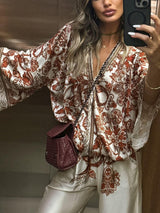 Exquisite Modern Feel Satin Unique Print Bell Sleeve Oversized Shirt - Threadford