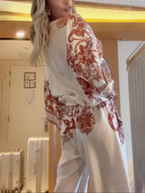 Exquisite Modern Feel Satin Unique Print Bell Sleeve Oversized Shirt - Threadford