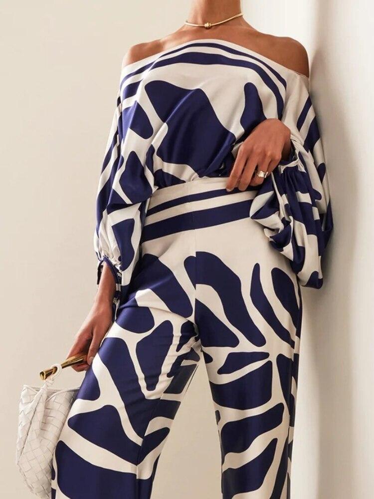 Exquisite Abstract Print Satin Casual Lantern Sleeve Shirt - Threadford