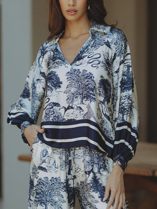 Satin Jungle Floral Print Loose Long Sleeve Top - Threadford