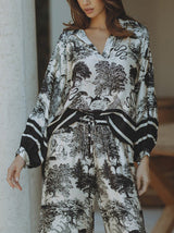 Satin Jungle Floral Print Loose Long Sleeve Top - Threadford