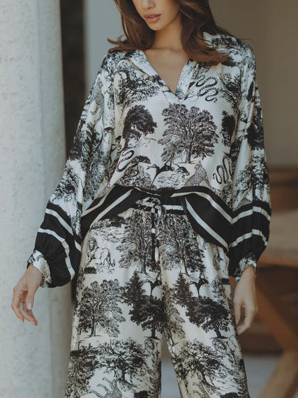 Satin Jungle Floral Print Loose Long Sleeve Top - Threadford