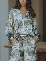 Satin Jungle Floral Print Loose Long Sleeve Top - Threadford