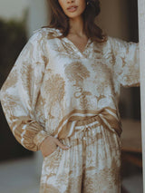 Satin Jungle Floral Print Loose Long Sleeve Top - Threadford