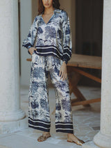 Satin Jungle Floral Print Loose Long Sleeve Top - Threadford