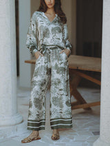 Satin Jungle Floral Print Loose Long Sleeve Top - Threadford