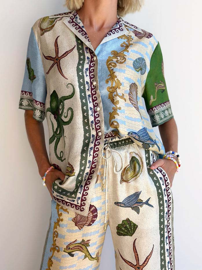Unique Deep Sea Floral Print Loose Shirt - Threadford