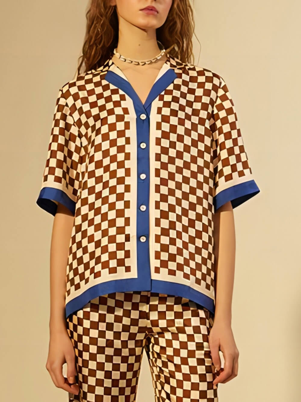Unique Checkerboard Print Blue Stripe Patchwork Loose Top - Threadford