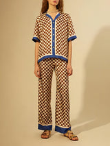Unique Checkerboard Print Blue Stripe Patchwork Loose Top - Threadford
