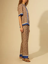 Unique Checkerboard Print Blue Stripe Patchwork Loose Top - Threadford