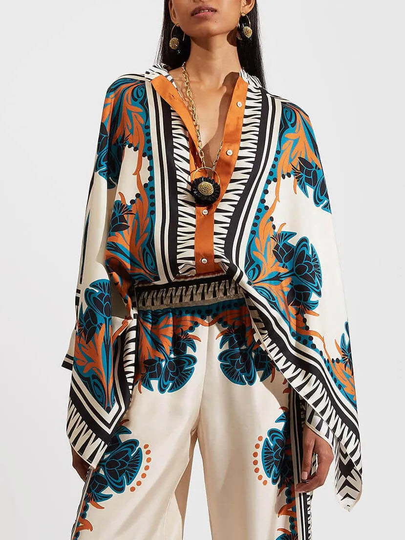 Fine Satin Floral Print Batwing Sleeve Shirt - Threadford
