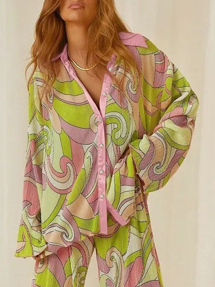 Unique Painted Print Pleated Loose Shirt - Threadford